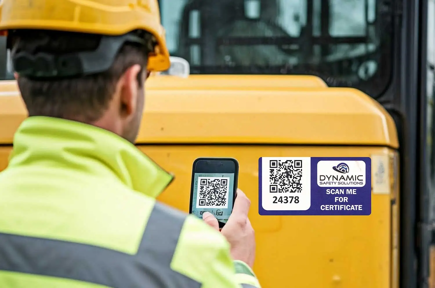Construction worker scanning a QR code on a vehicle for a pre-use inspection