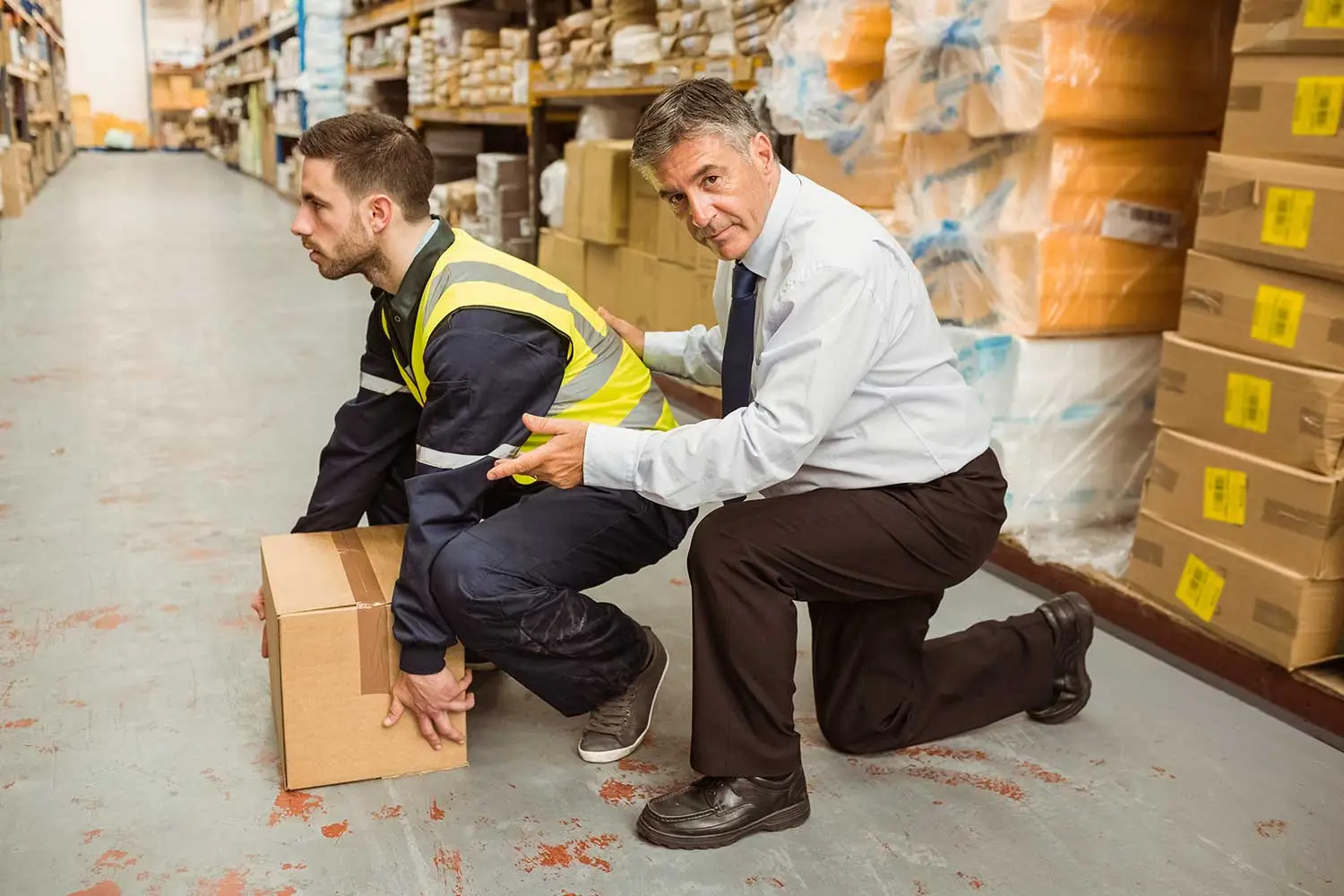 Manager training worker for health and safety measure relating to lifting boxes safely
