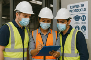 safety professionals wearing masks conducting COVID 19 safety checks