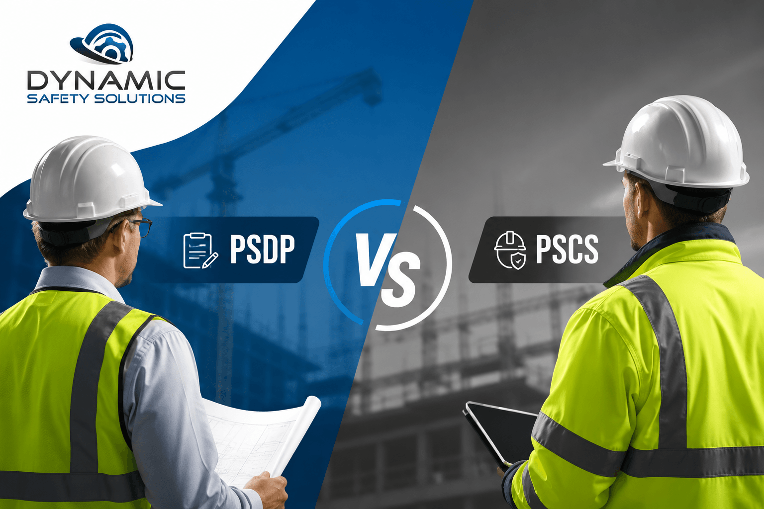 Construction safety professionals representing PSDP and PSCS roles on a building site with Dynamic Safety Solutions branding and a visual comparison between design-stage and construction-stage safety responsibilities.