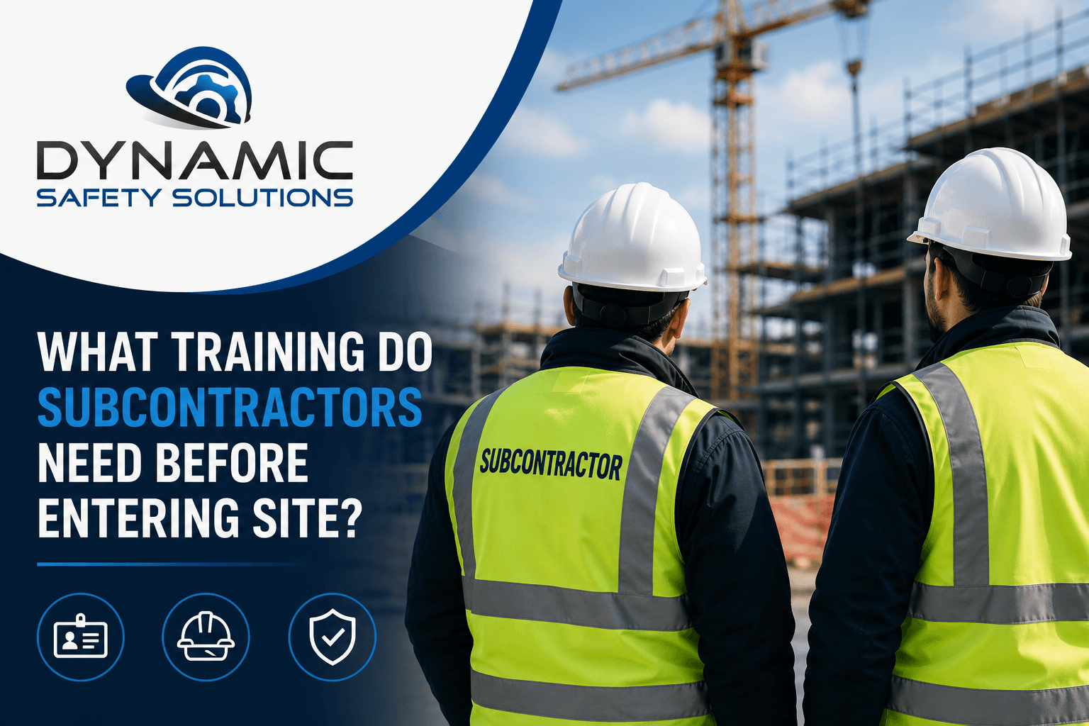 Construction subcontractors wearing PPE on a live building site with Dynamic Safety Solutions branding and messaging focused on subcontractor training and site entry requirements.