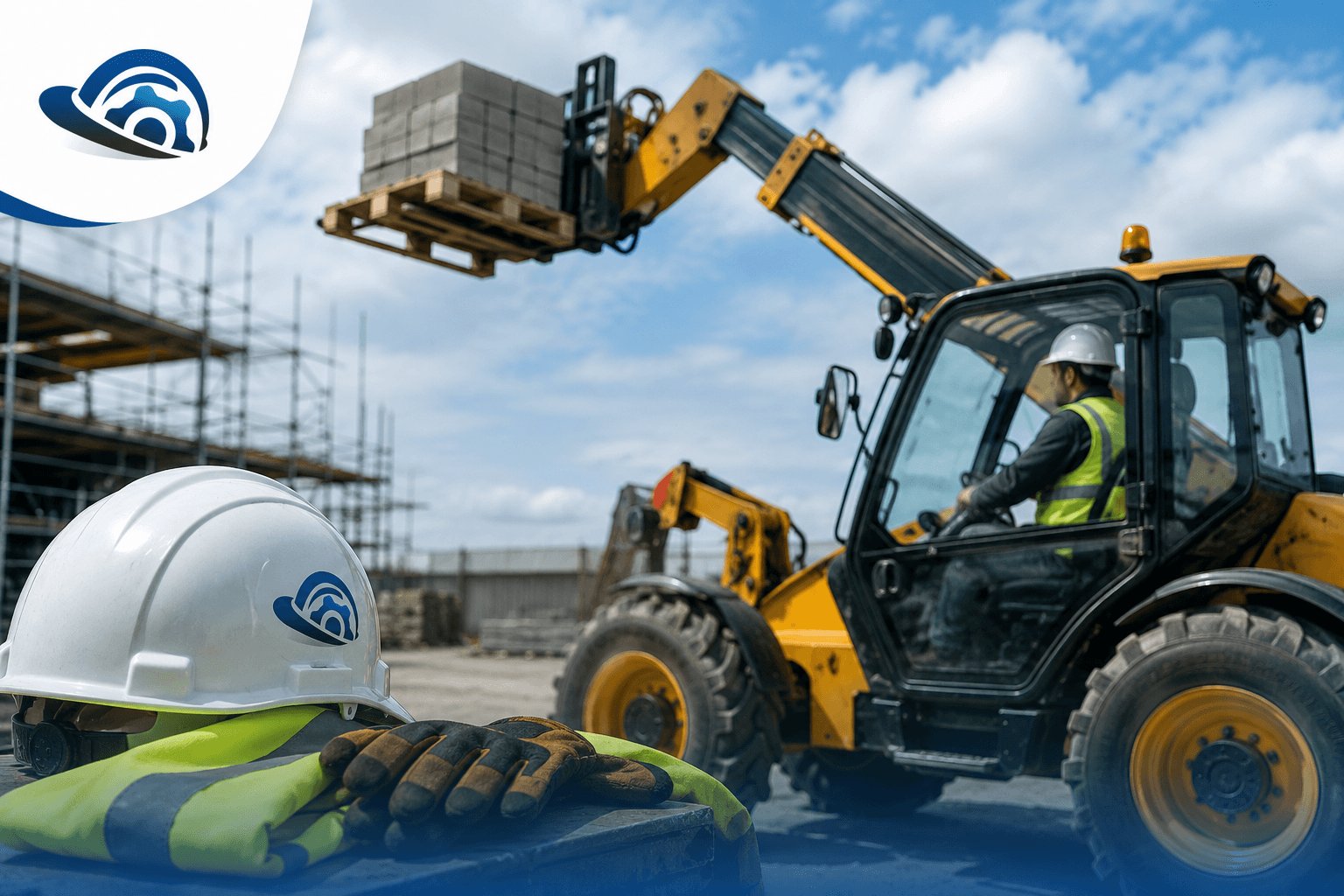 Telehandler operator carrying palletised materials on a construction site with safety equipment in the foreground and Dynamic Safety Solutions branding.