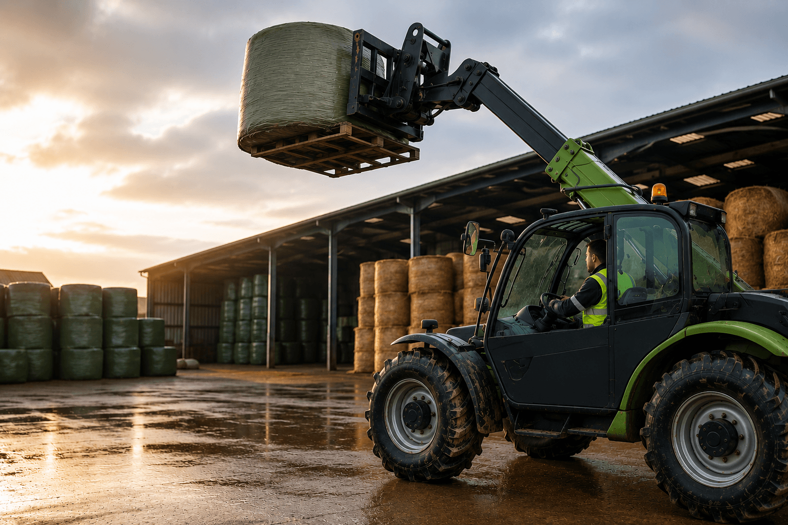 A telehandler lifting a wrapped bale on a farm yard at sunset, highlighting agricultural machinery operations and telehandler safety training requirements for farmers and contractors in Ireland.