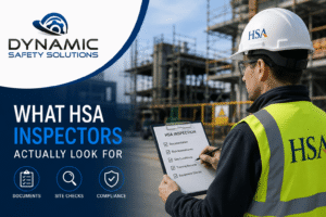 HSA inspector carrying out a construction site safety inspection with checklist documentation, compliance checks, and Dynamic Safety Solutions branding.