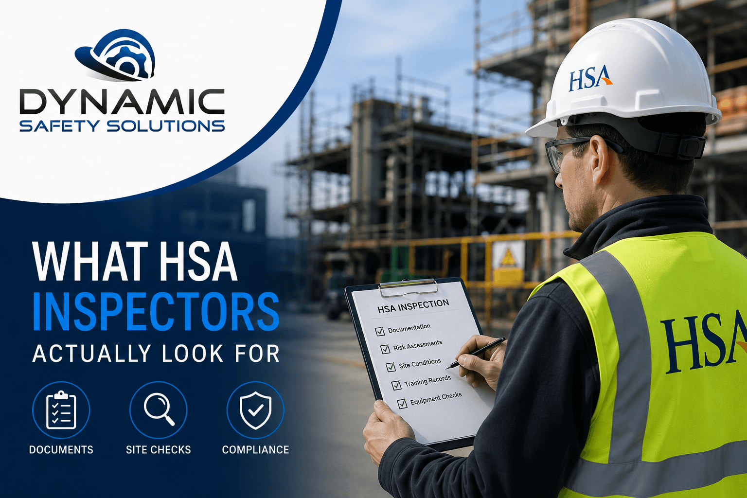 HSA inspector carrying out a construction site safety inspection with checklist documentation, compliance checks, and Dynamic Safety Solutions branding.
